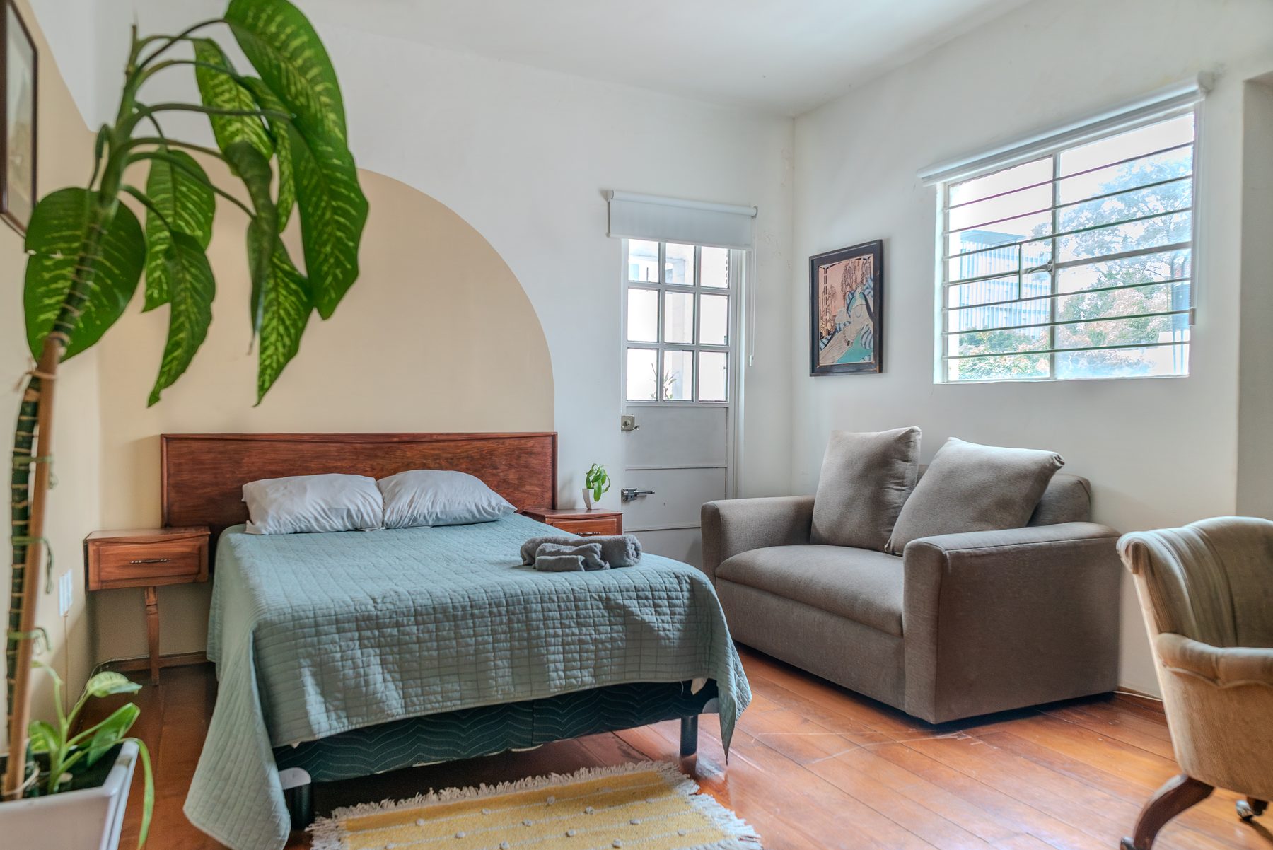 habitación de coliving con sala y planta