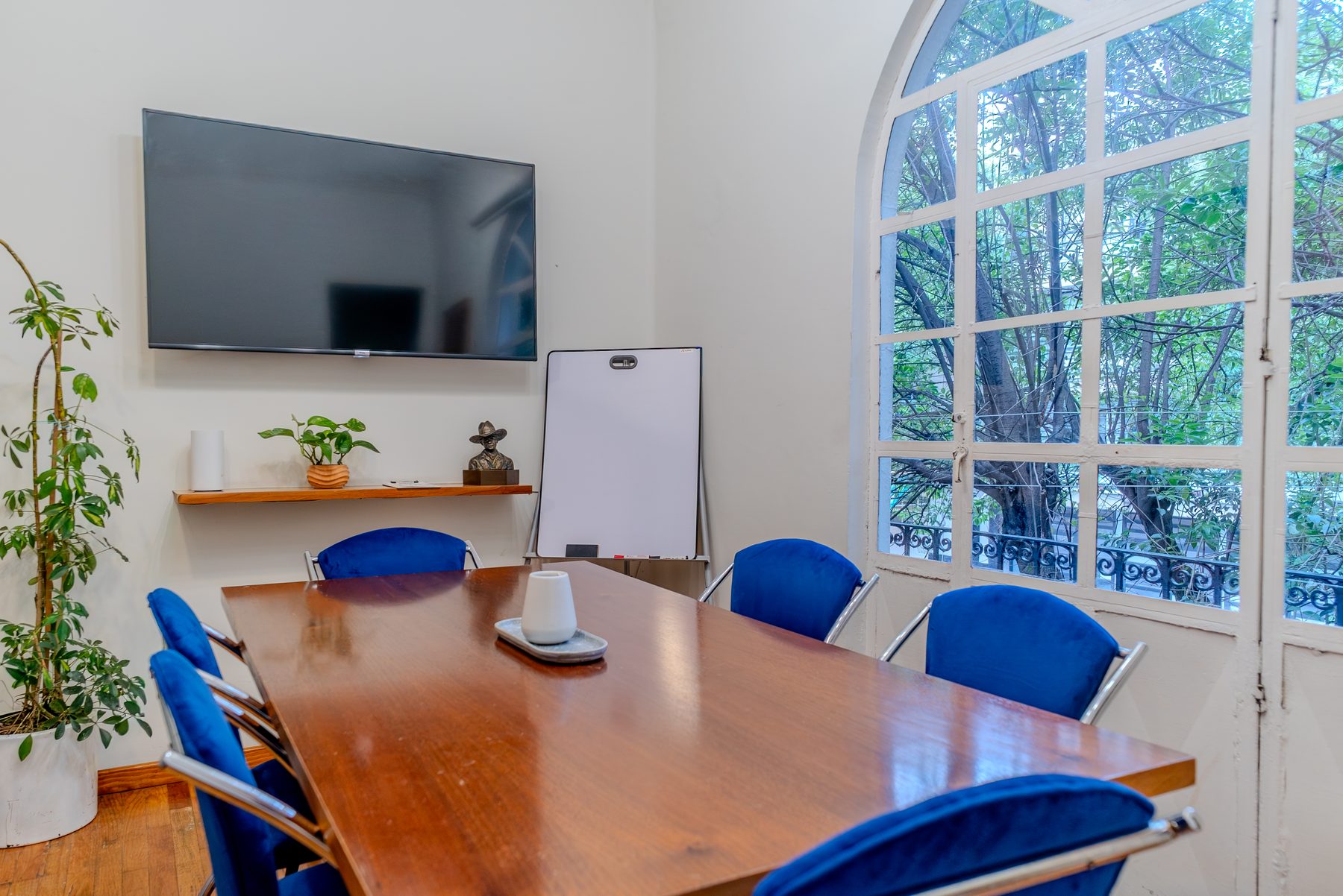 sala de juntas con sillas azules y ventanal en arco